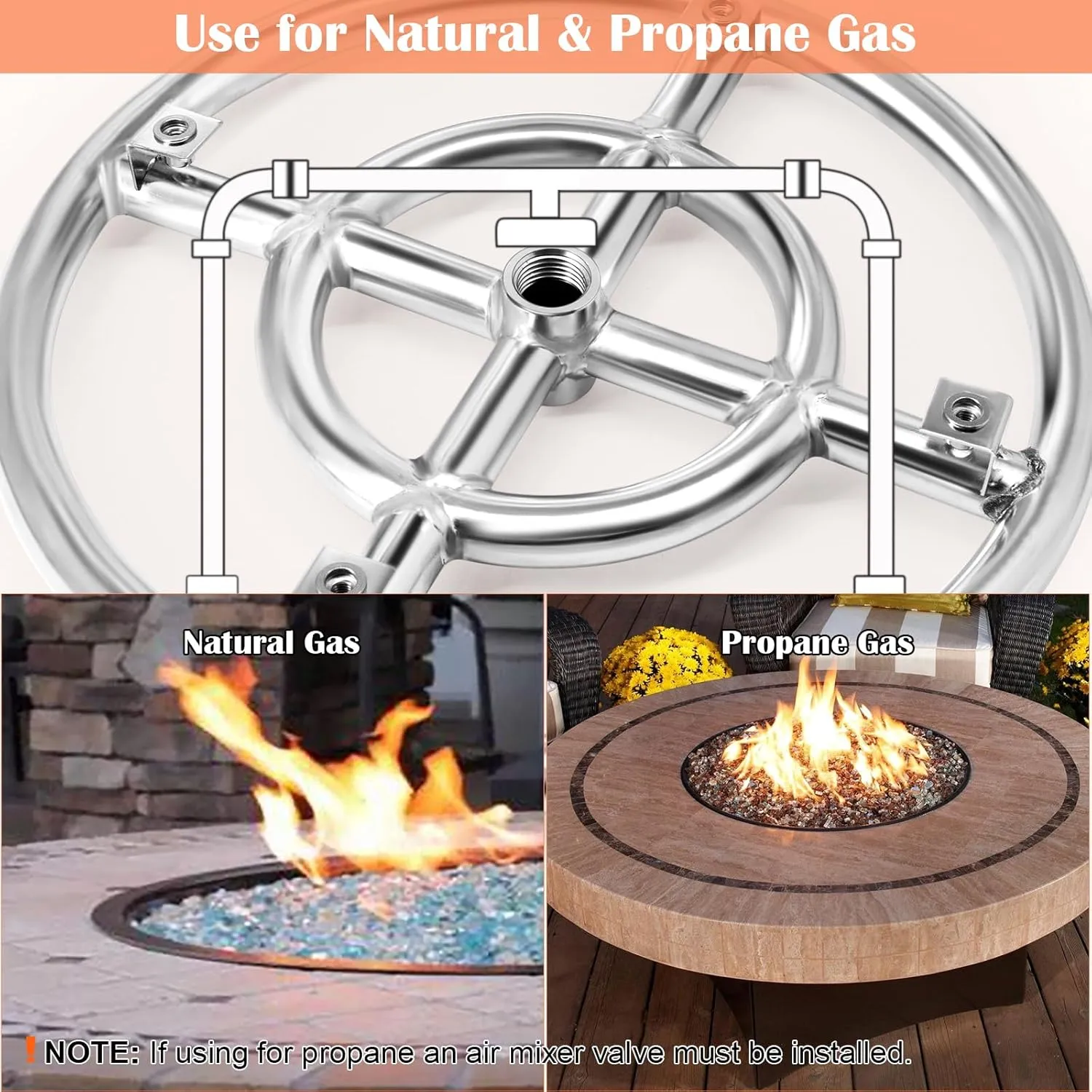 Hiorucet 12 Inch Fire Pit Rings Burner for Natural & Propane Gas Fire Pit Replacement Parts, 304 Stainless Steel Fire Pit Round Burner Insert for Indoor & Outdoor, High Flame, BTU 92,000 Max.