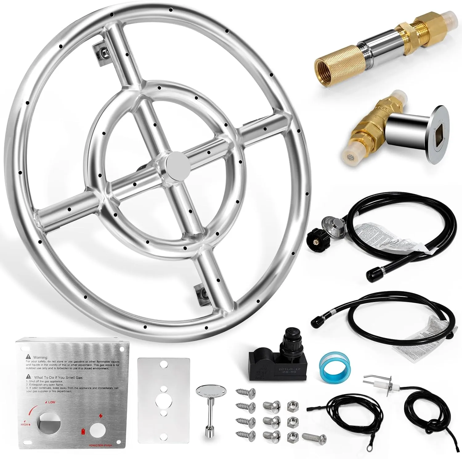 Hiorucet 18 Inch Fire Pit Ring Burner Kits, DIY Propane Gas Firepit Insert Round Burner with Igniter Kits and Propane Hose Kits for Indoor or Outdoor, Stainless Steel LP Fire Pit Replacement Parts.