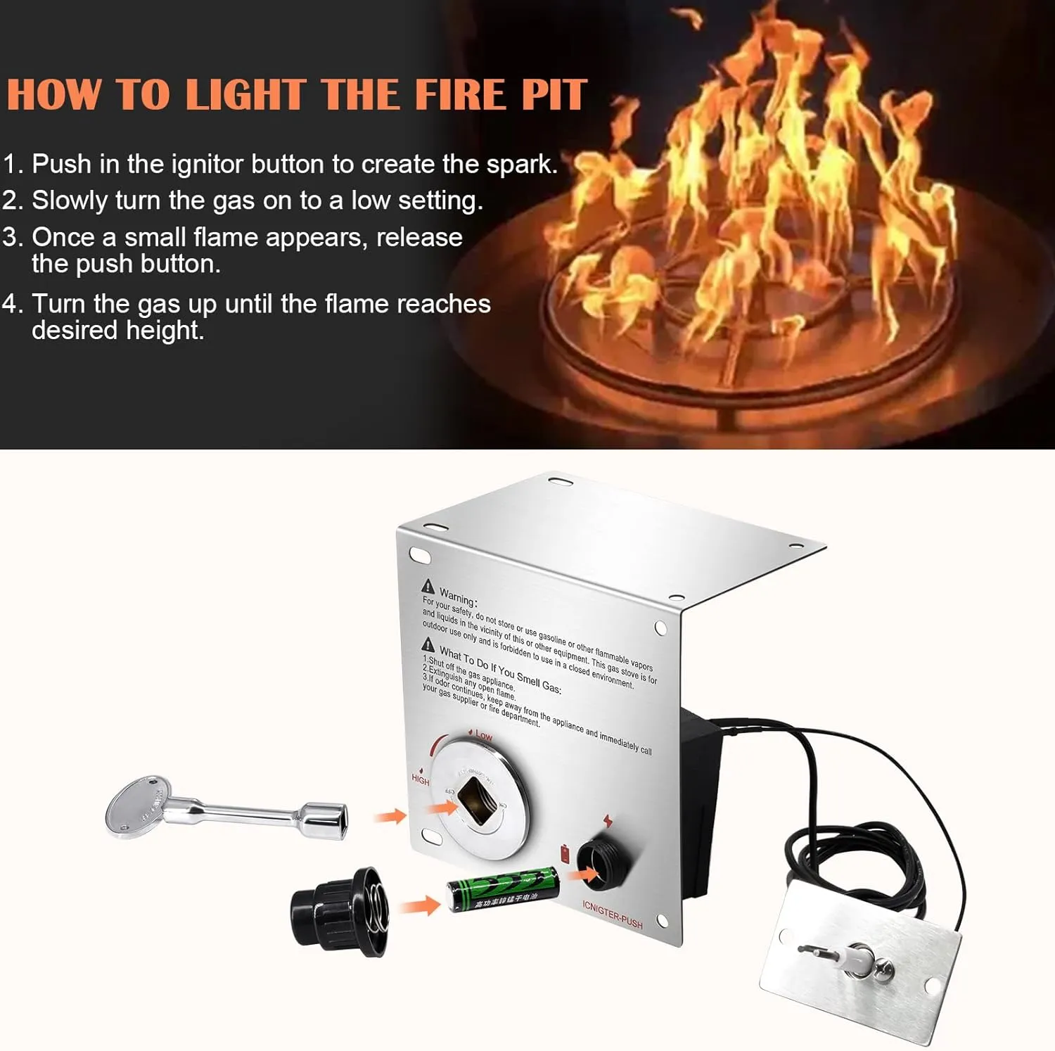 Hiorucet 18 Inch Fire Pit Ring Burner Kits, DIY Propane Gas Firepit Insert Round Burner with Igniter Kits and Propane Hose Kits for Indoor or Outdoor, Stainless Steel LP Fire Pit Replacement Parts.
