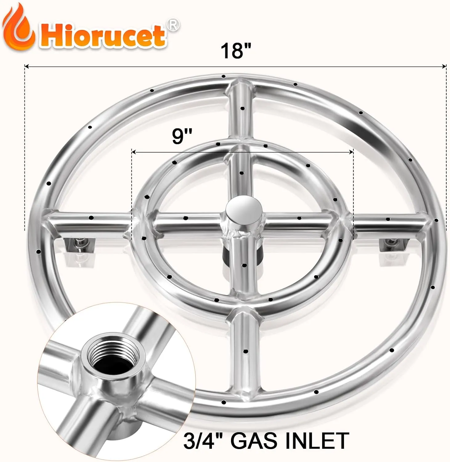 Hiorucet 18 Inch Fire Pit Ring Burner Kits, DIY Propane Gas Firepit Insert Round Burner with Igniter Kits and Propane Hose Kits for Indoor or Outdoor, Stainless Steel LP Fire Pit Replacement Parts.