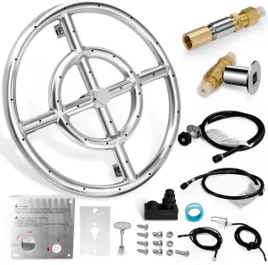 Hiorucet 18 Inch Fire Pit Ring Burner Kits, DIY Propane Gas Firepit Insert Round Burner with Igniter Kits and Propane Hose Kits for Indoor or Outdoor, Stainless Steel LP Fire Pit Replacement Parts.