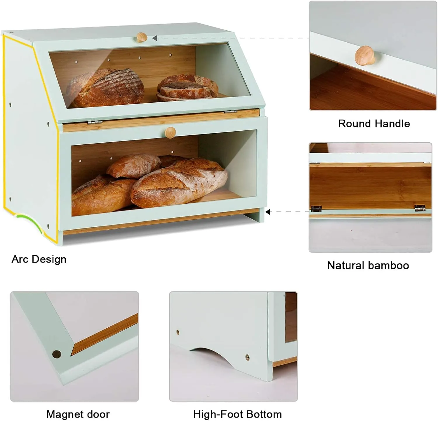 HOMEKOKO Double Layer Large Bread Box for Kitchen Counter, Wooden Large Capacity Bread Storage Bin (Mint Green)