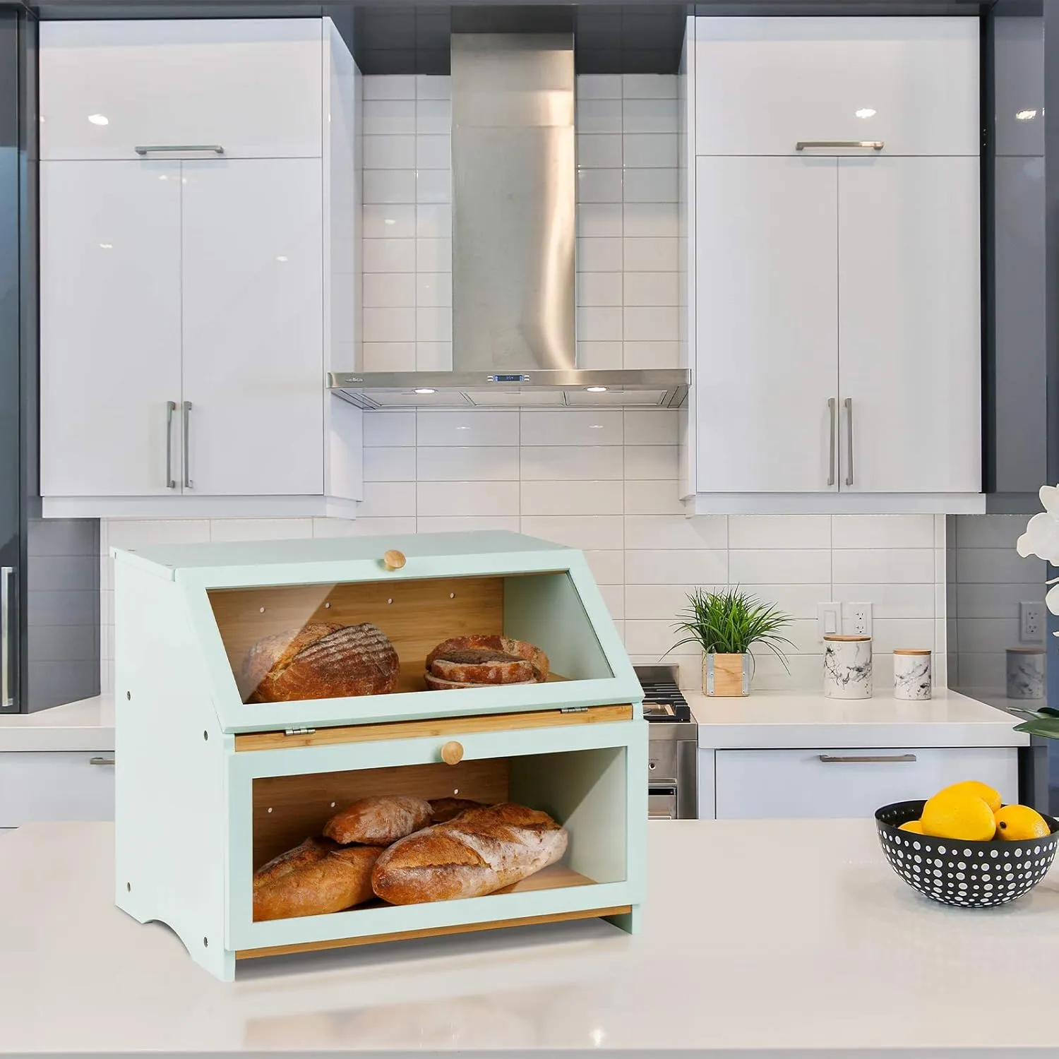 HOMEKOKO Double Layer Large Bread Box for Kitchen Counter, Wooden Large Capacity Bread Storage Bin (Mint Green)