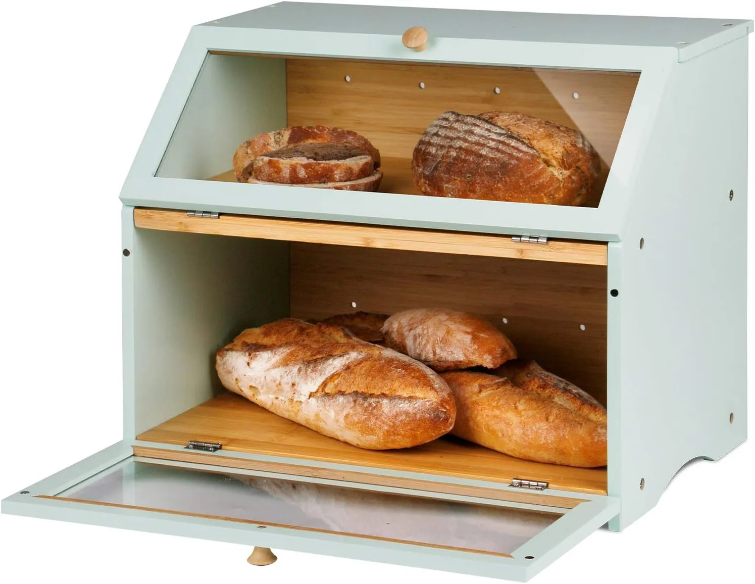 HOMEKOKO Double Layer Large Bread Box for Kitchen Counter, Wooden Large Capacity Bread Storage Bin (Mint Green)