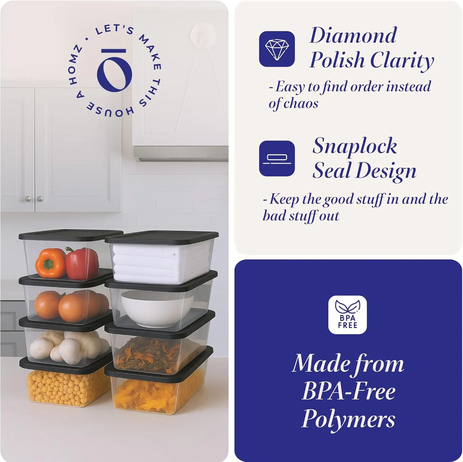 HOMZ 10-Pack Snaplock, Small Clear Plastic Storage Bins with Lids, 6 Quart, Gray
