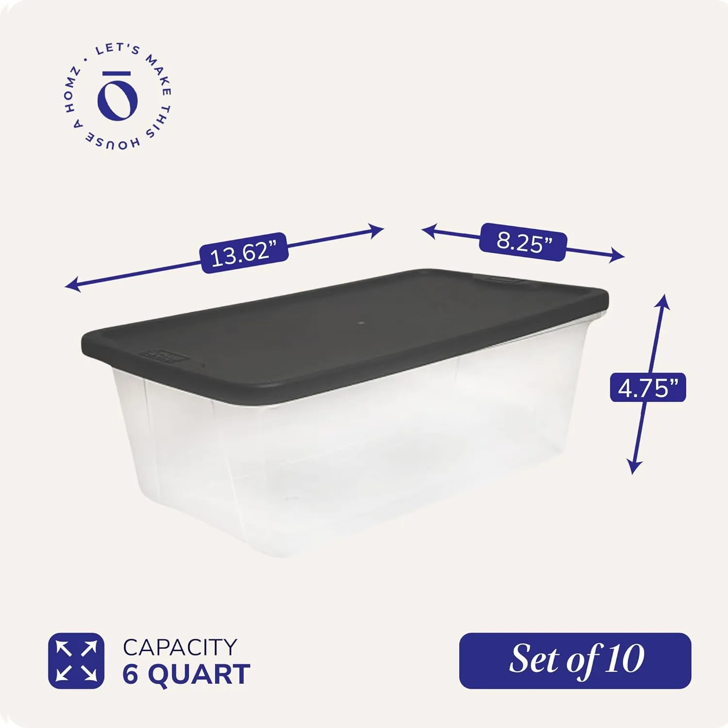 HOMZ 10-Pack Snaplock, Small Clear Plastic Storage Bins with Lids, 6 Quart, Gray