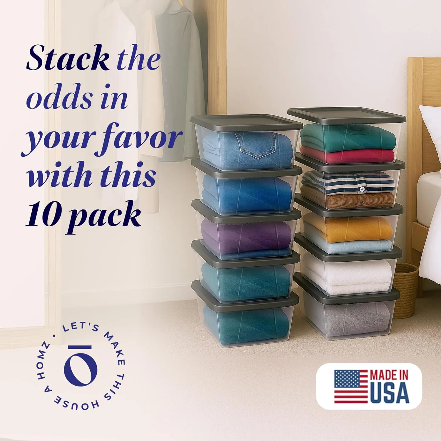 HOMZ 10-Pack Snaplock, Small Clear Plastic Storage Bins with Lids, 6 Quart, Gray