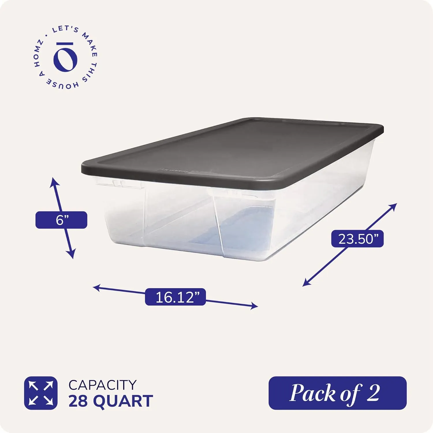 HOMZ 2-Pack Snaplock, Small Clear Plastic Storage Bins with Lids, 28 Quart, Gray