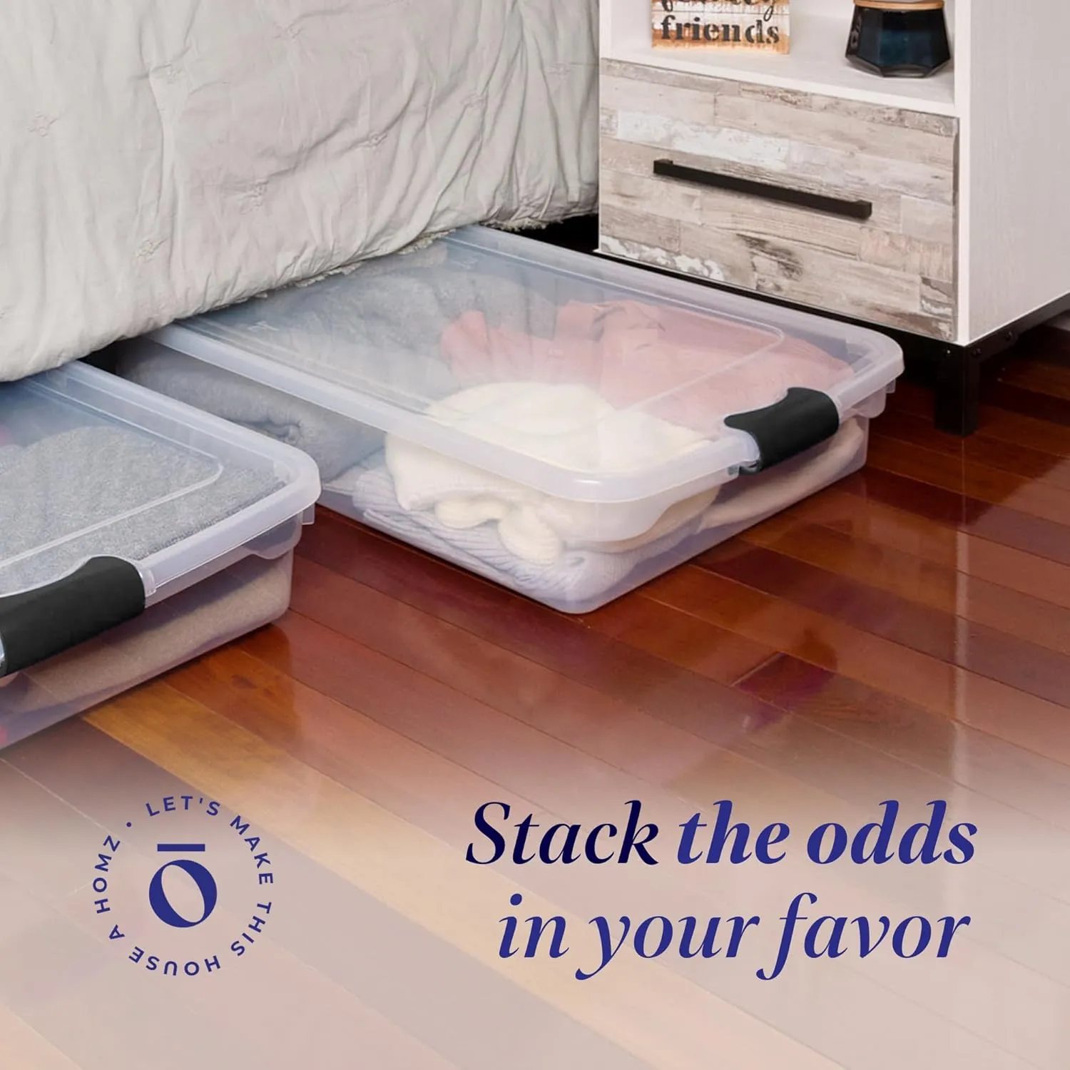HOMZ 2-Pack Under Bed Storage, Clear Plastic Containers with Lids, 60 Quart, Gray Latch