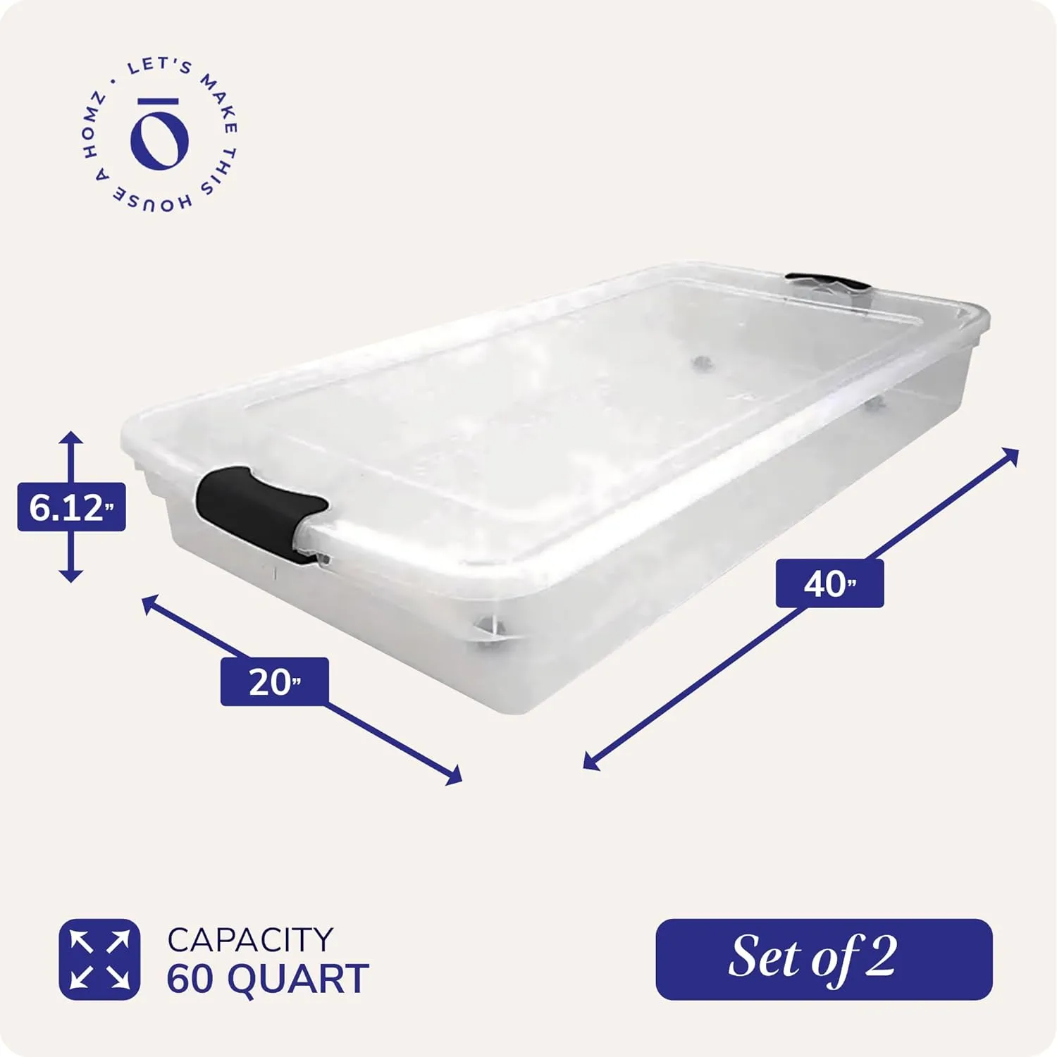 HOMZ 2-Pack Under Bed Storage, Clear Plastic Containers with Lids, 60 Quart, Gray Latch