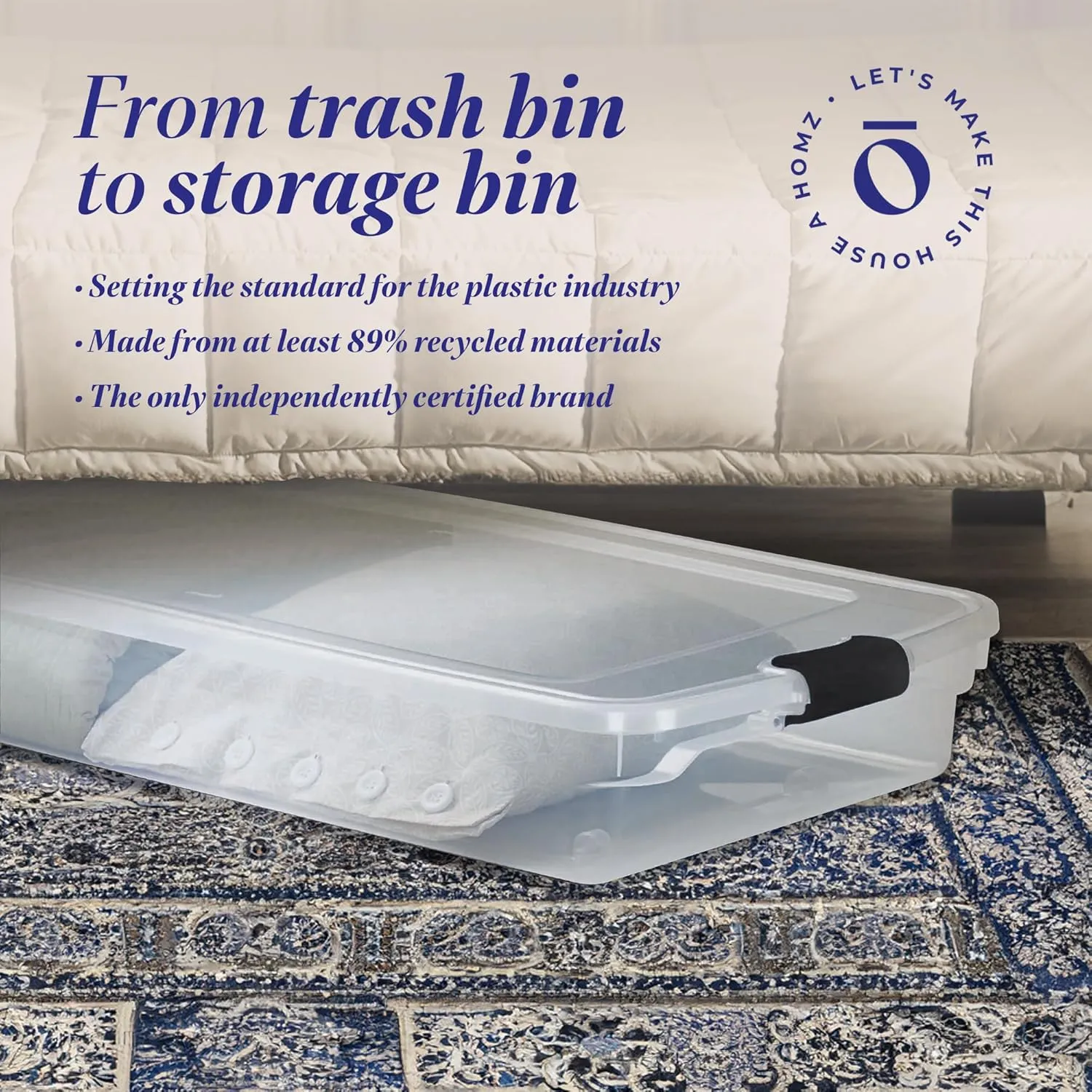 HOMZ 2-Pack Under Bed Storage, Clear Plastic Containers with Lids, 60 Quart, Gray Latch