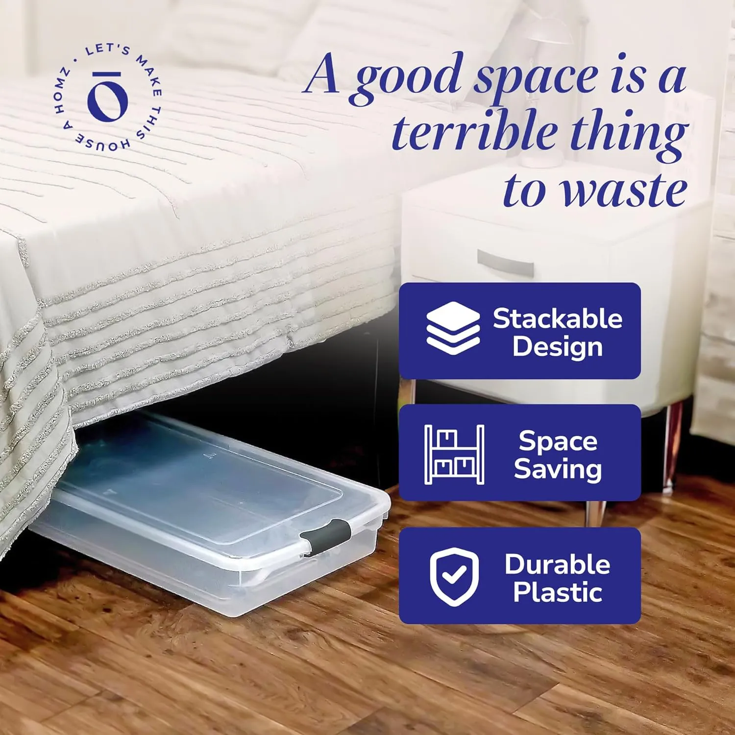HOMZ 2-Pack Under Bed Storage, Clear Plastic Containers with Lids, 60 Quart, Gray Latch