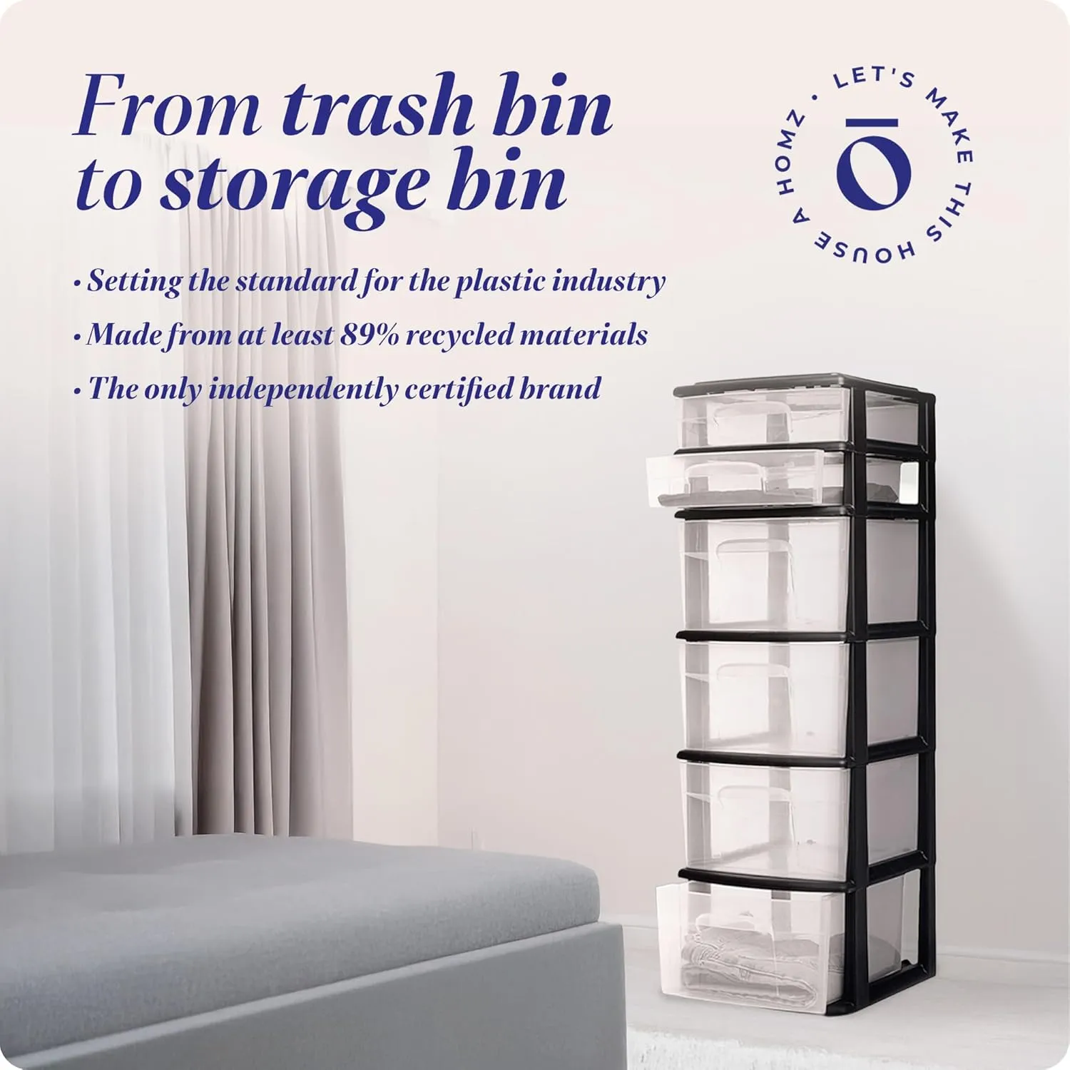 HOMZ Drawer Tower, 6-Tier Clear Plastic Storage Organizer Cart, Black Frame - Heavy-Duty Organizing Drawers for Home, Bedroom, and Closet Organization