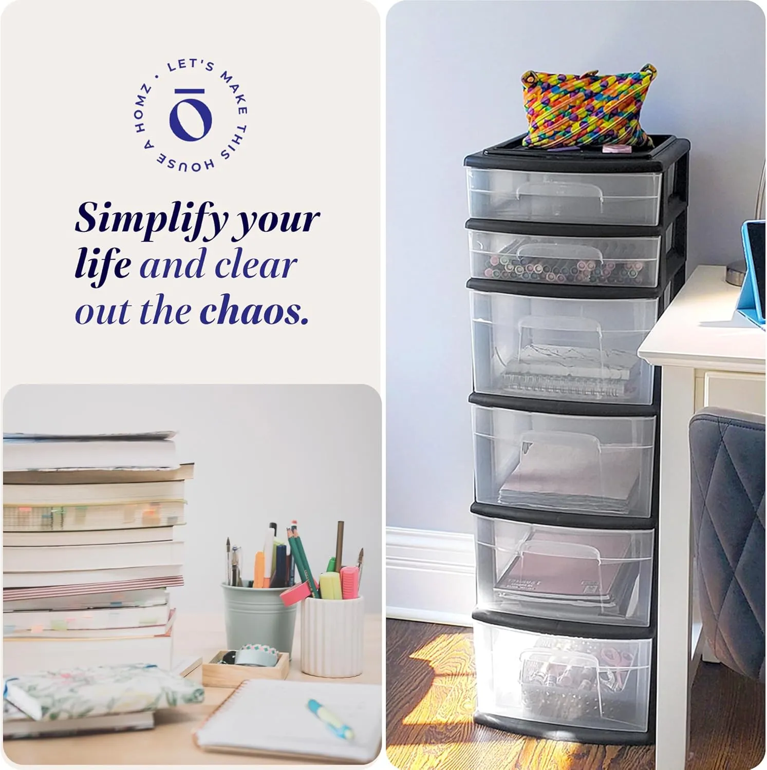 HOMZ Drawer Tower, 6-Tier Clear Plastic Storage Organizer Cart, Black Frame - Heavy-Duty Organizing Drawers for Home, Bedroom, and Closet Organization