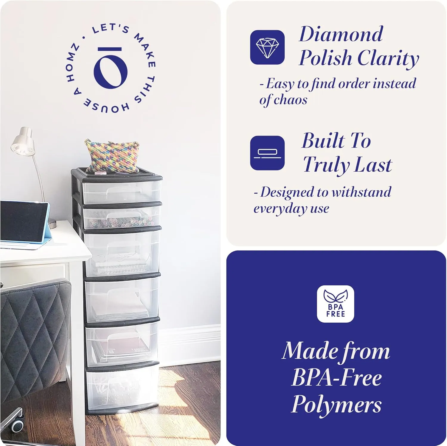 HOMZ Drawer Tower, 6-Tier Clear Plastic Storage Organizer Cart, Black Frame - Heavy-Duty Organizing Drawers for Home, Bedroom, and Closet Organization