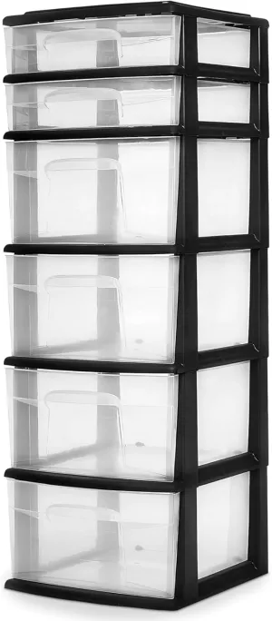 HOMZ Drawer Tower, 6-Tier Clear Plastic Storage Organizer Cart, Black Frame - Heavy-Duty Organizing Drawers for Home, Bedroom, and Closet Organization