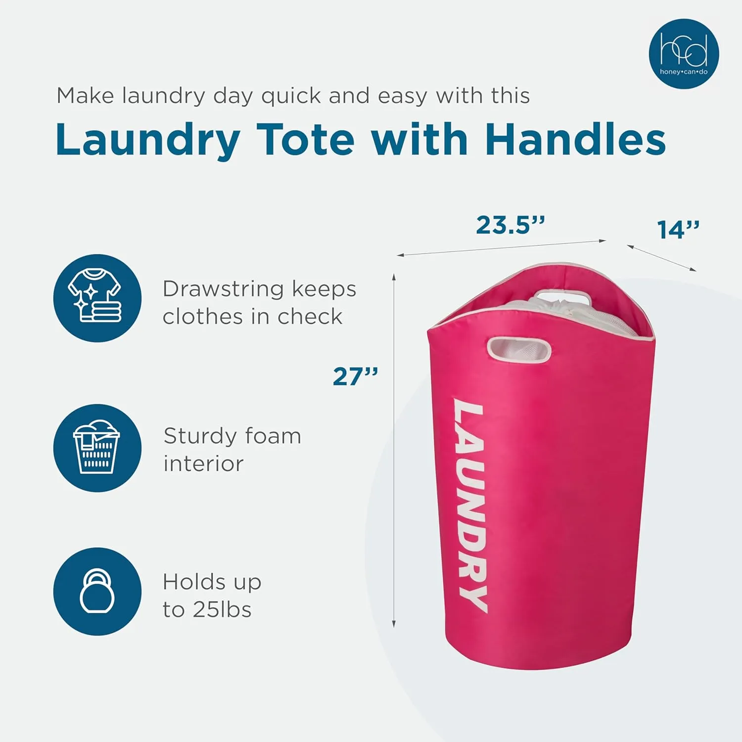 Honey-Can-Do Laundry Basket, Waterproof Laundry Hamper, Laundry Bag for Dorm Room, Clothes Hamper Stands Up Well, Collapsible Laundry Basket Easy Storage (Pink)