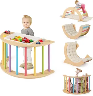 HONEY JOY Wooden Arch Climber with Cushion, Montessori Sensory Table for Kids w/Foldable Storage Bin, Baby Rocker Ladder Play Gym, Toddler Climbing Toys Indoor, Learning Gift for Kids 1-8 (Colorful)