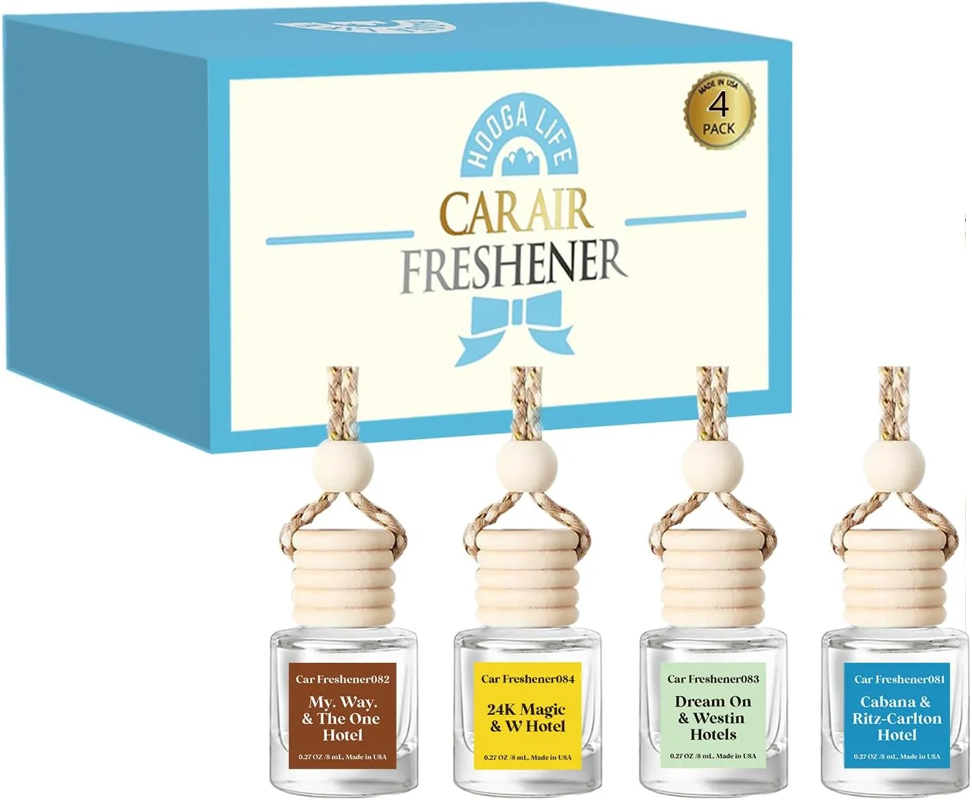 HoogaLife Car Air Freshener Diffuser 4 Pack Hanging Car Freshener for Women - 24K Magic & W Hotel ＆ Cabana & Ritz-Carlton Hotel ＆ Dream On & Westin Hotels ＆ My Way & The One Hotel Fragrance Oil