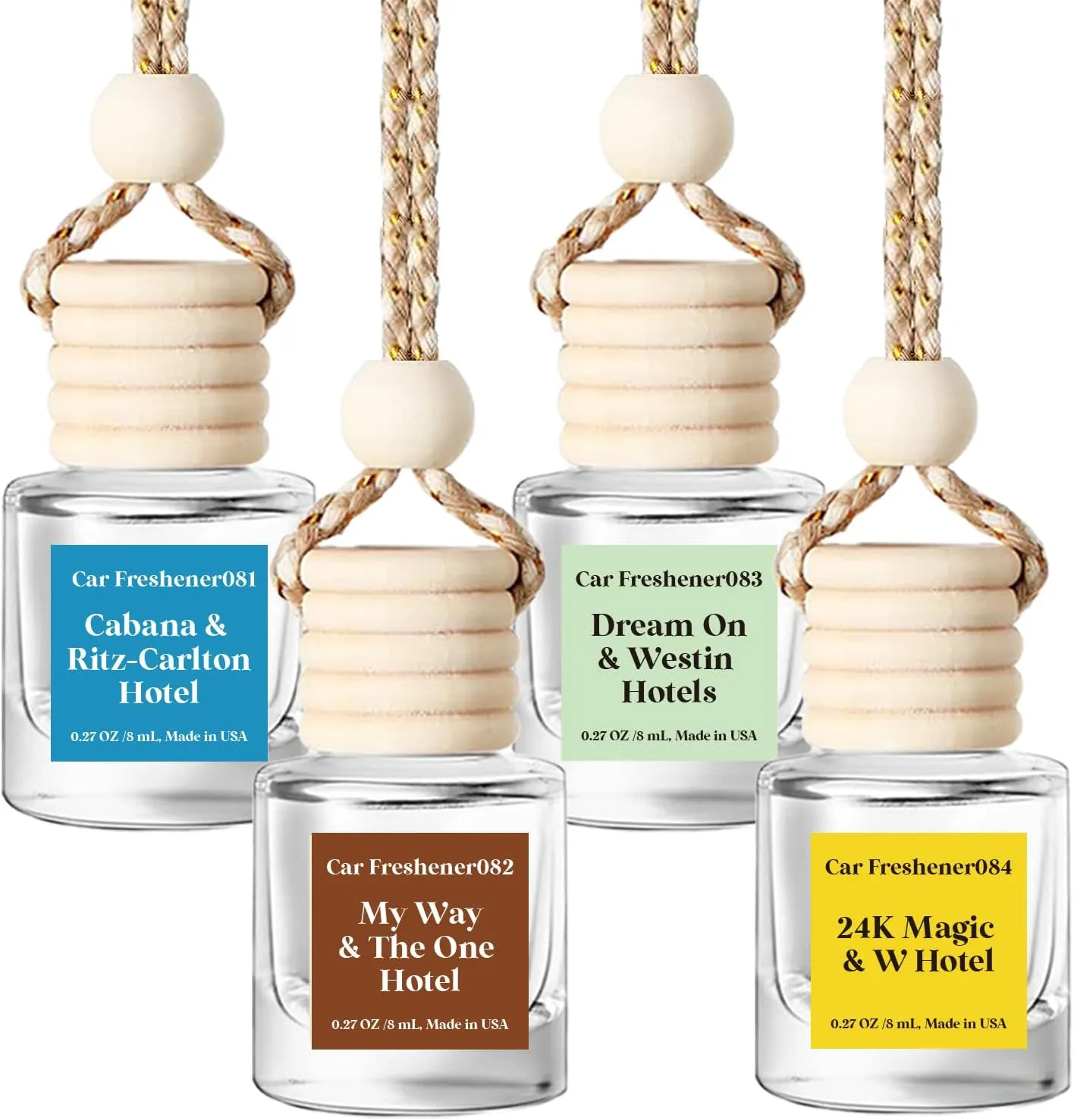 HoogaLife Car Air Freshener Diffuser 4 Pack Hanging Car Freshener for Women - 24K Magic & W Hotel ＆ Cabana & Ritz-Carlton Hotel ＆ Dream On & Westin Hotels ＆ My Way & The One Hotel Fragrance Oil