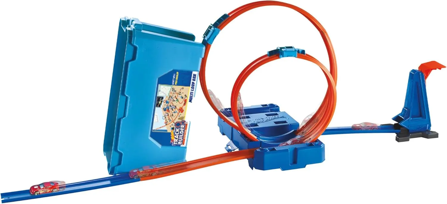 Hot Wheels Toy Car Track Set, Track Builder Multi Loop Box Playset & 1:64 Scale Vehicle, 10 feet of Track Components in Storage Box