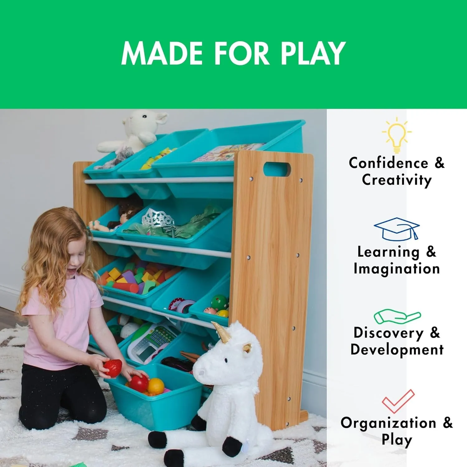 Humble Crew, Natural Wood/Aqua 12 Bin Toy Storage Organizer