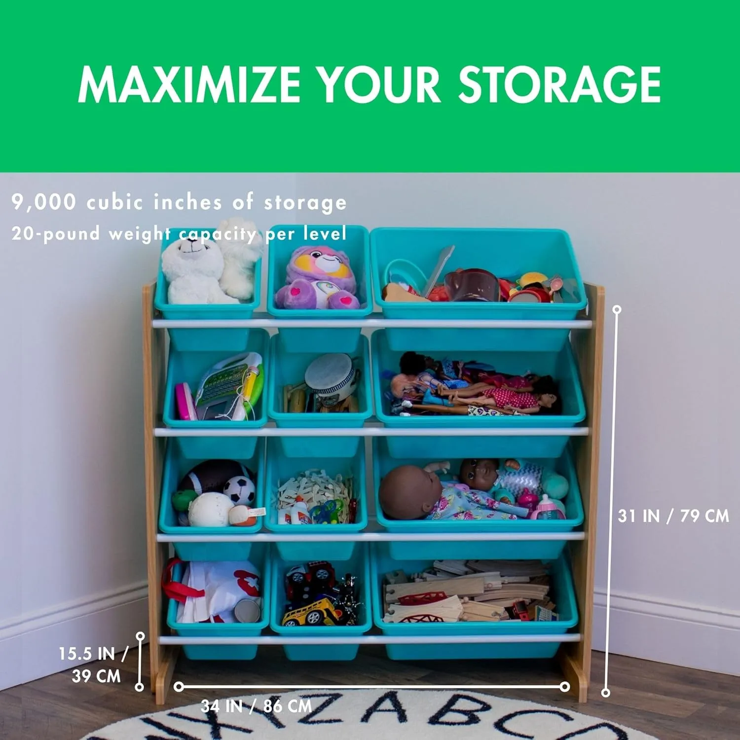 Humble Crew, Natural Wood/Aqua 12 Bin Toy Storage Organizer