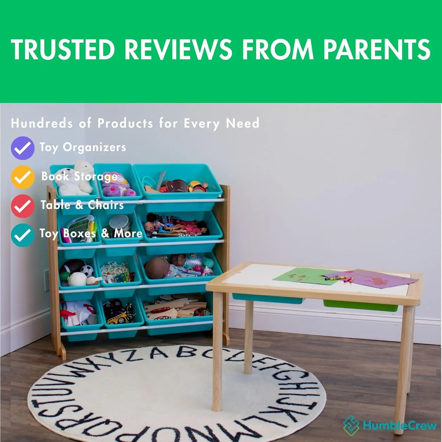 Humble Crew, Natural Wood/Aqua 12 Bin Toy Storage Organizer