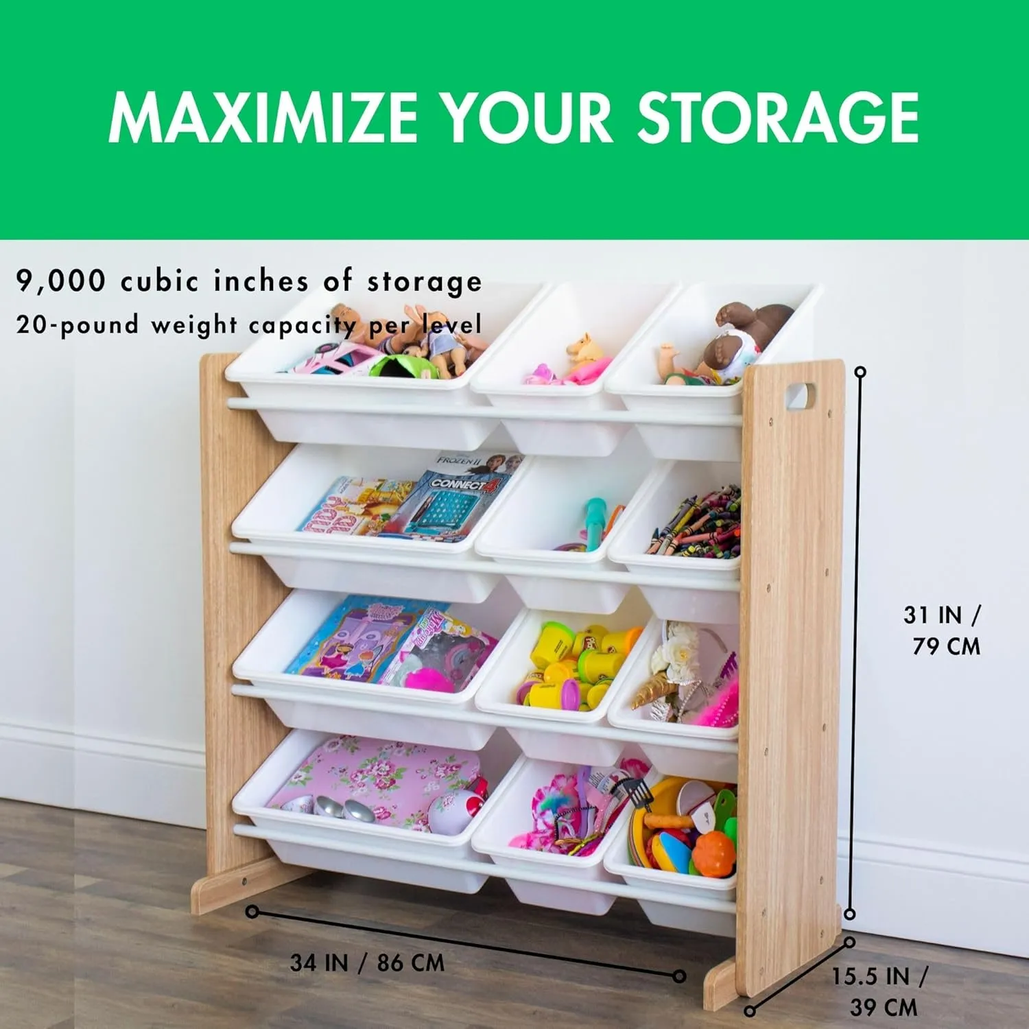 Humble Crew, Natural Wood/White Kids Toy Organizer with 12 Storage Bins