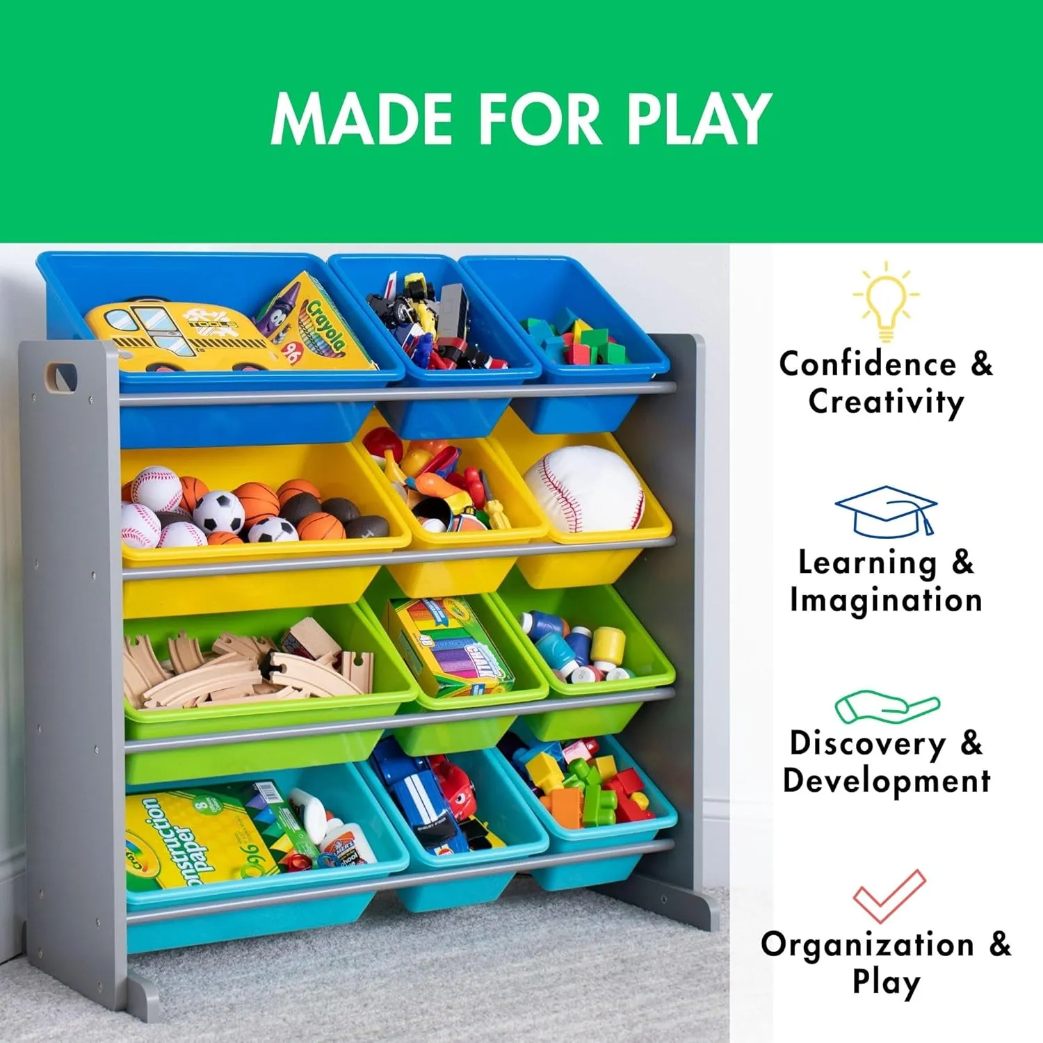 Humble Crew Toy Storage Organizer, Grey/Blue/Green/Yellow 34x11x31,12x9x6,16xx12x6 inches