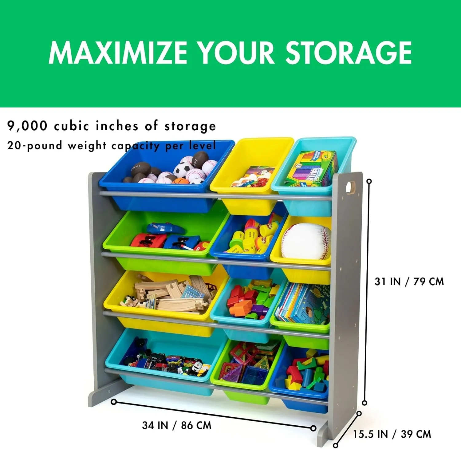 Humble Crew Toy Storage Organizer, Grey/Blue/Green/Yellow 34x11x31,12x9x6,16xx12x6 inches