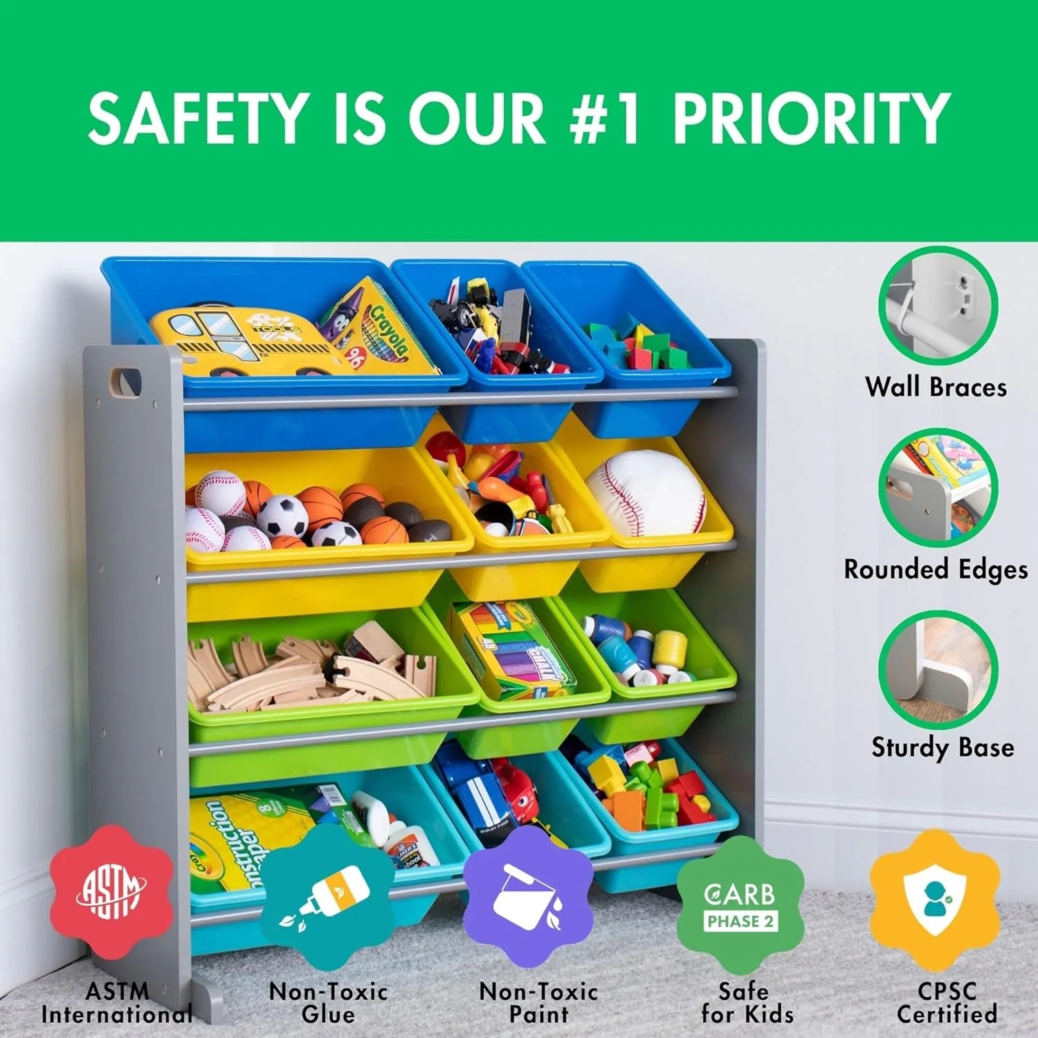 Humble Crew Toy Storage Organizer, Grey/Blue/Green/Yellow 34x11x31,12x9x6,16xx12x6 inches