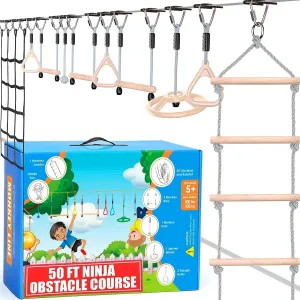 Hyponix Ninja Obstacle Course for Kids, 2x60ft slacklines,13 Weatherproof Obstacles,Supports 880lbs, Ratchet-Tight tech,Monkey net,Climbing & Swinging Backyard Fun (Grey, 2 x 50'   10 Obstacles)