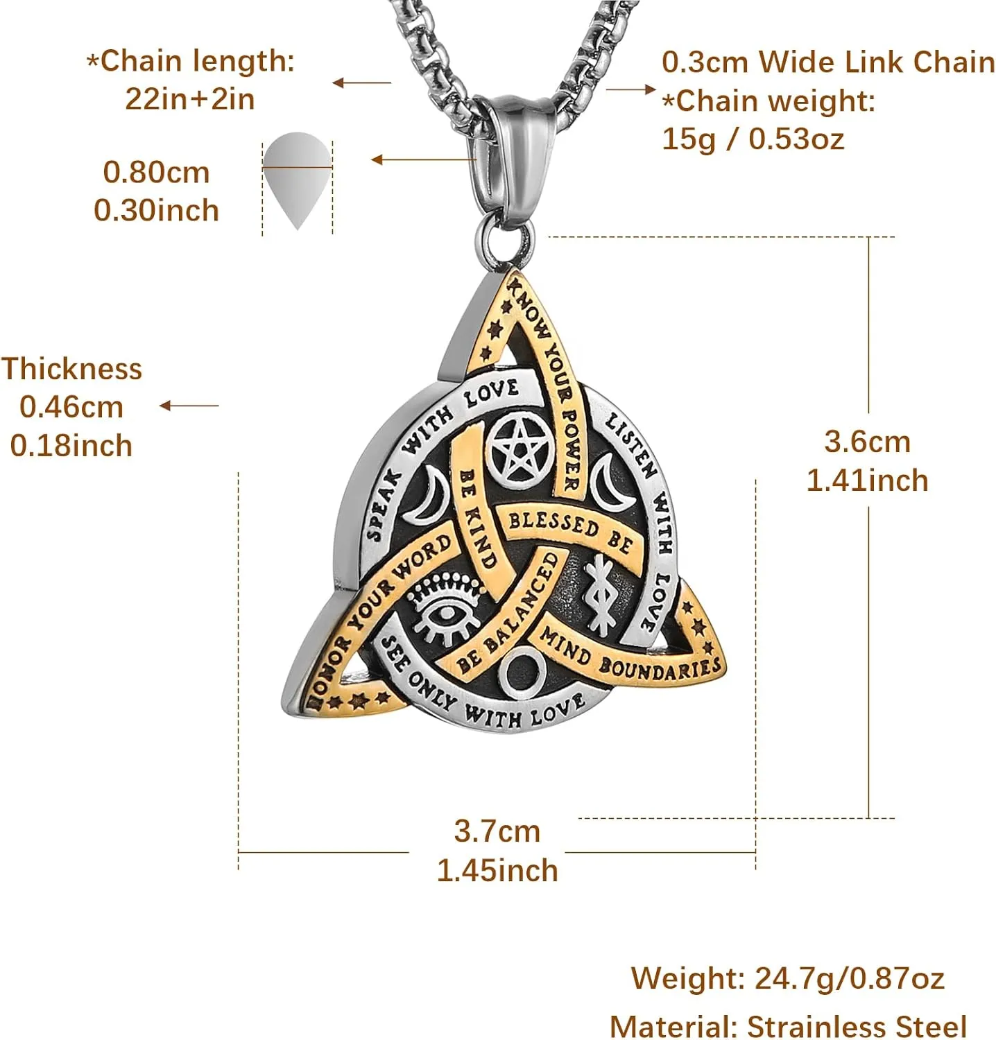 HZMAN Double Sided Stainless Steel Triple Goddess Triquetra Necklace Celtic Knot Irish Christian Trinity Knot Pendant