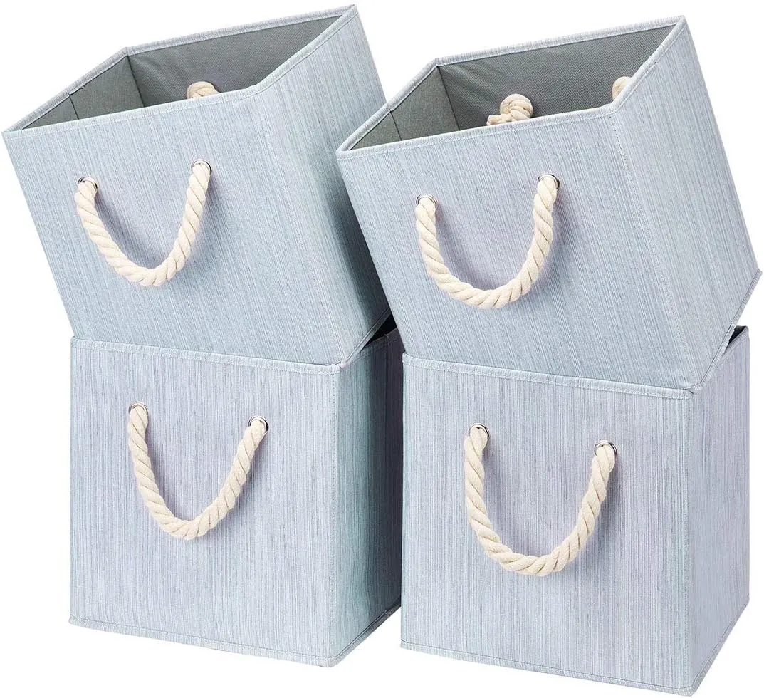 i BKGOO Foldable Storage Cube Bins Grey Bamboo Fabric Collapsible Resistant Basket Box Organizer with Cotton Rope Handle for Home Office and Nursery 10.5x10.5x11 inch