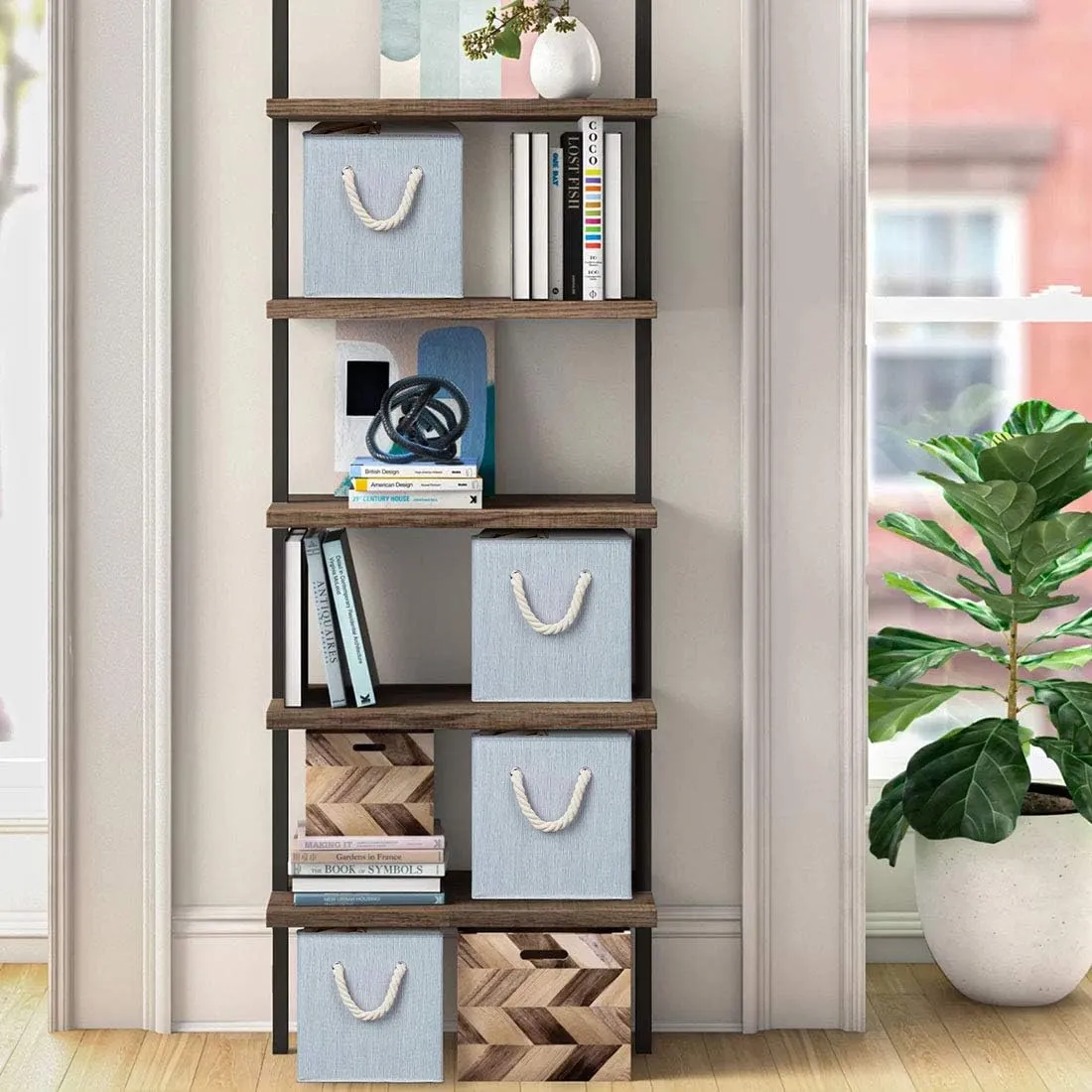 i BKGOO Foldable Storage Cube Bins Grey Bamboo Fabric Collapsible Resistant Basket Box Organizer with Cotton Rope Handle for Home Office and Nursery 10.5x10.5x11 inch