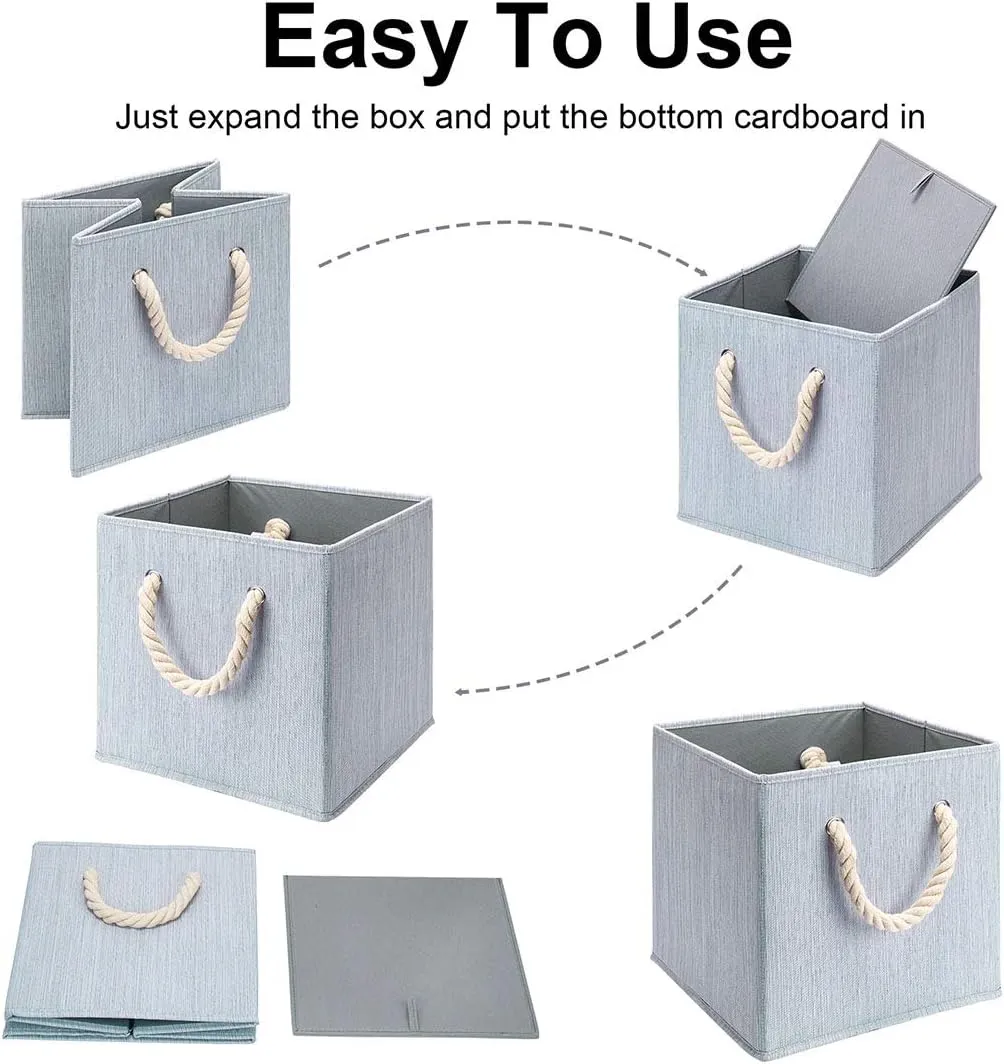 i BKGOO Foldable Storage Cube Bins Grey Bamboo Fabric Collapsible Resistant Basket Box Organizer with Cotton Rope Handle for Home Office and Nursery 10.5x10.5x11 inch