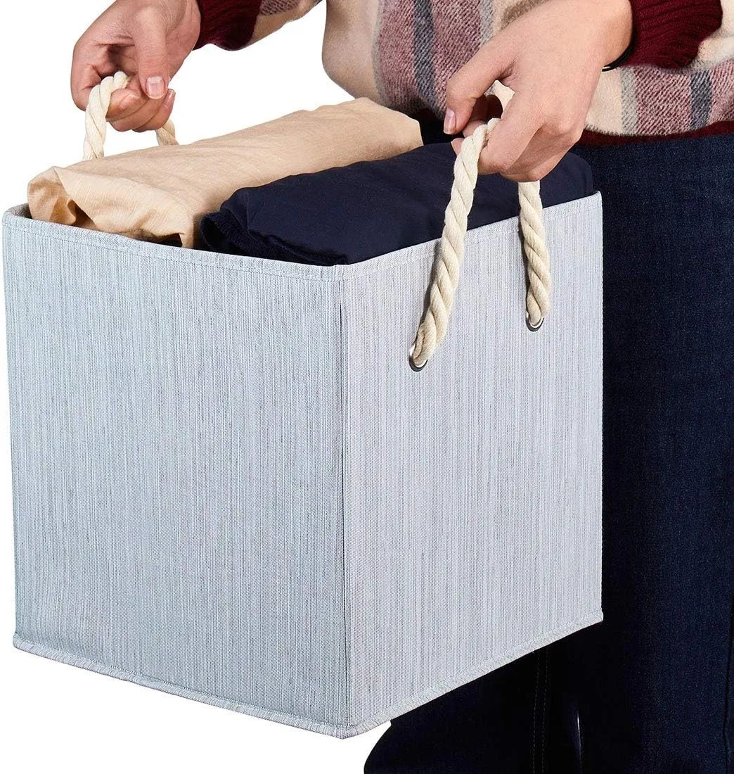 i BKGOO Foldable Storage Cube Bins Grey Bamboo Fabric Collapsible Resistant Basket Box Organizer with Cotton Rope Handle for Home Office and Nursery 10.5x10.5x11 inch