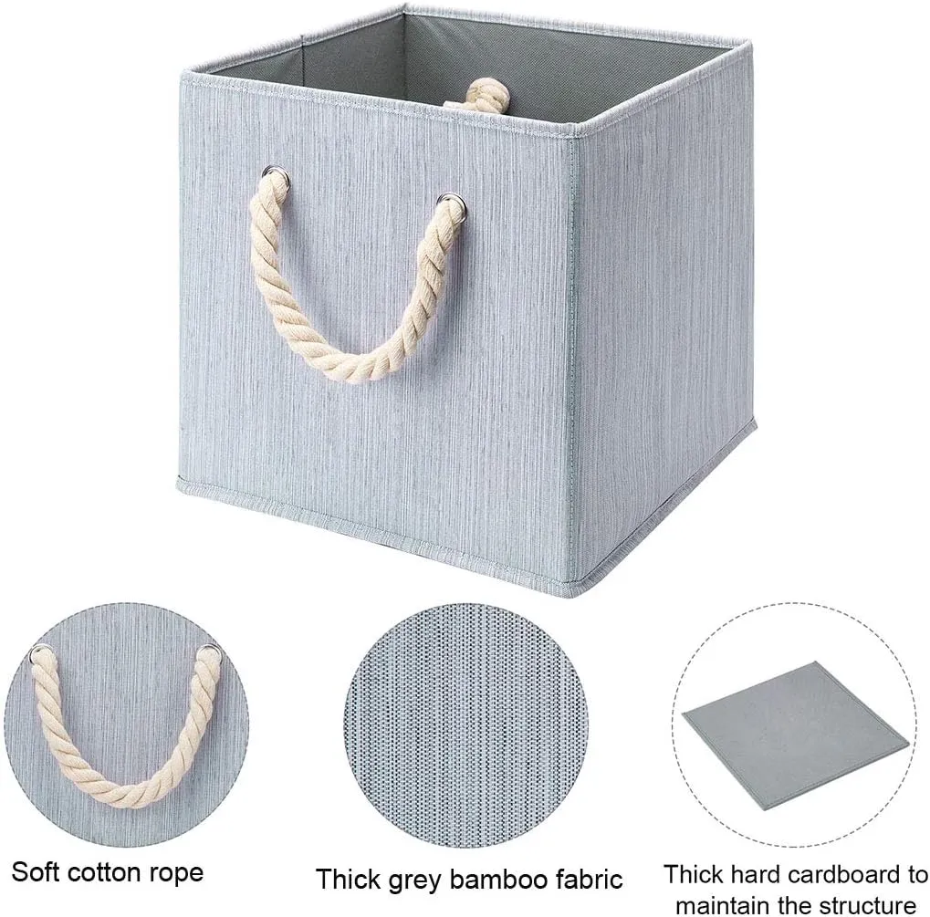 i BKGOO Foldable Storage Cube Bins Grey Bamboo Fabric Collapsible Resistant Basket Box Organizer with Cotton Rope Handle for Home Office and Nursery 10.5x10.5x11 inch