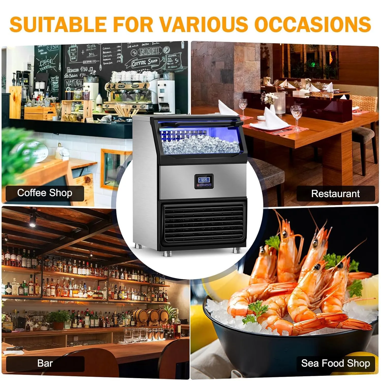 Ice Maker Machine Commercial, 240Lbs/24H with 75Lbs Storage Bin, 80Pcs Ice Cubes 8Mins, Freestanding Large Ice Machine with Water Filter and Ice Scoop for Restaurant Bar Home Office
