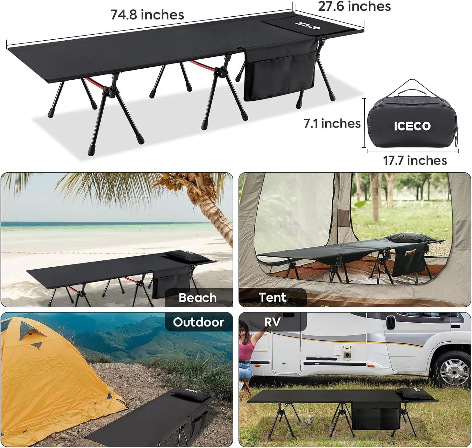 ICECO XL Camping Cot for Adults, Portable Bed Sleeping Cot, Ultra-Stable Folding Bed Supports 400 Lbs, Ideal for Tent, Outdoor, Hiking, Travel, RV, Beach (XL-Upgrade)
