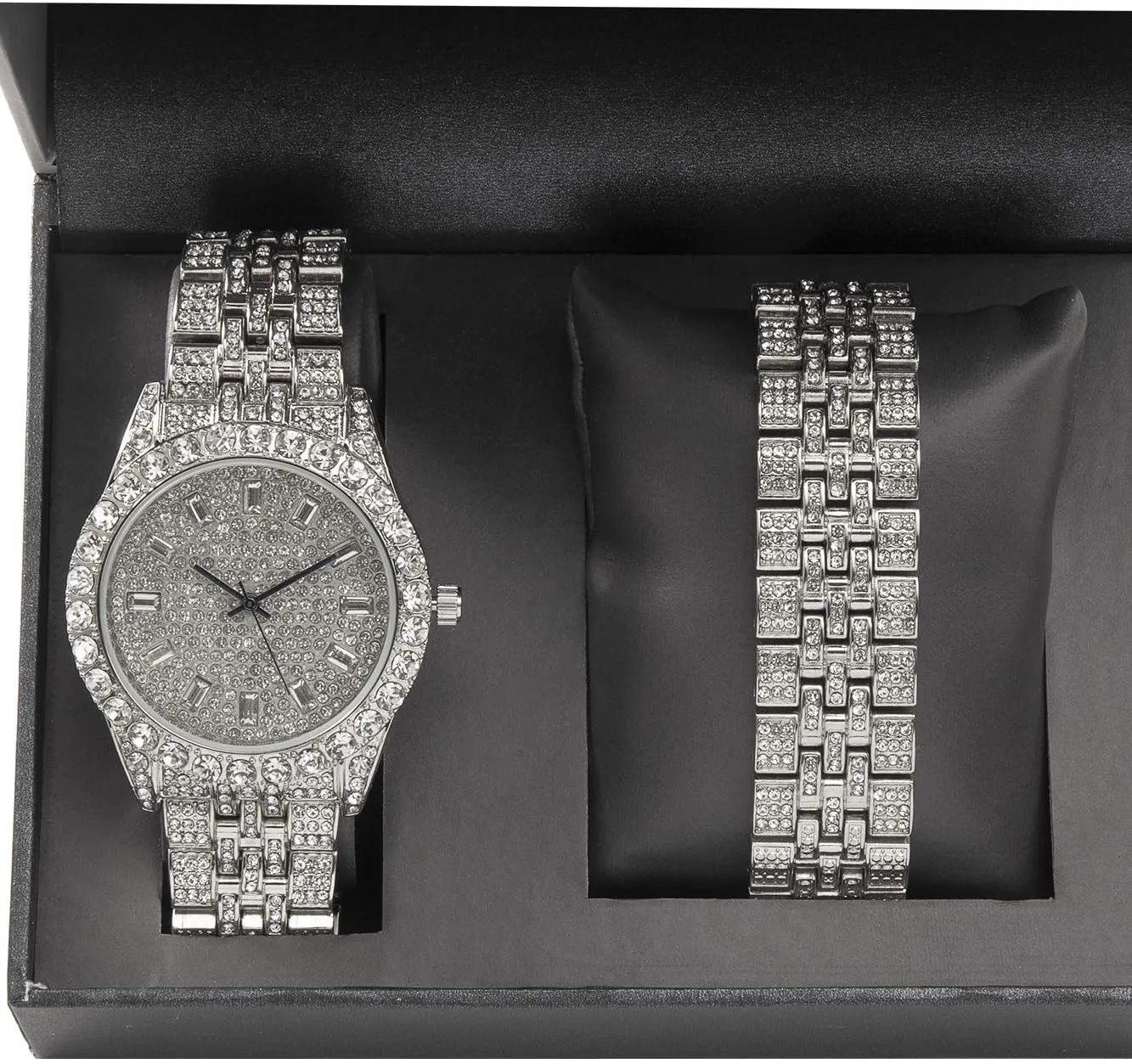 Iced Mens Single Watch or Watch w/Matching Rolly or Cuban Hip Hop Bracelet - Your Choice! - Big Rhinestones on Trim and Elegant Baguette Time Indicators on Dial - Master Bling Designer - ST10226B