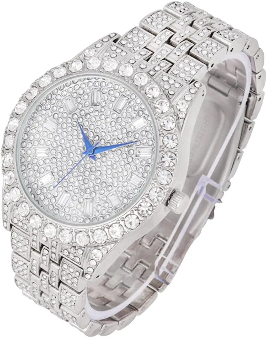 Iced Mens Single Watch or Watch w/Matching Rolly or Cuban Hip Hop Bracelet - Your Choice! - Big Rhinestones on Trim and Elegant Baguette Time Indicators on Dial - Master Bling Designer - ST10226B