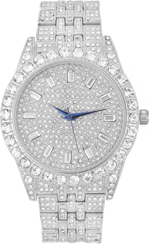 Iced Mens Single Watch or Watch w/Matching Rolly or Cuban Hip Hop Bracelet - Your Choice! - Big Rhinestones on Trim and Elegant Baguette Time Indicators on Dial - Master Bling Designer - ST10226B