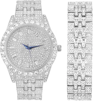 Iced Mens Single Watch or Watch w/Matching Rolly or Cuban Hip Hop Bracelet - Your Choice! - Big Rhinestones on Trim and Elegant Baguette Time Indicators on Dial - Master Bling Designer - ST10226B
