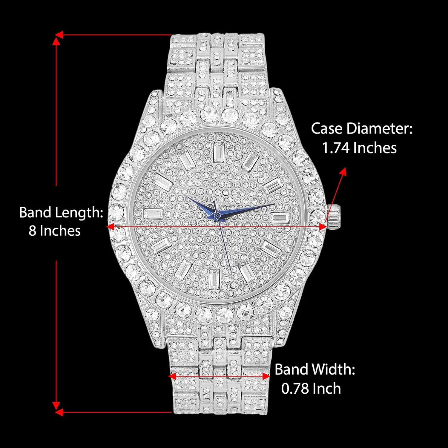 Iced Mens Single Watch or Watch w/Matching Rolly or Cuban Hip Hop Bracelet - Your Choice! - Big Rhinestones on Trim and Elegant Baguette Time Indicators on Dial - Master Bling Designer - ST10226B