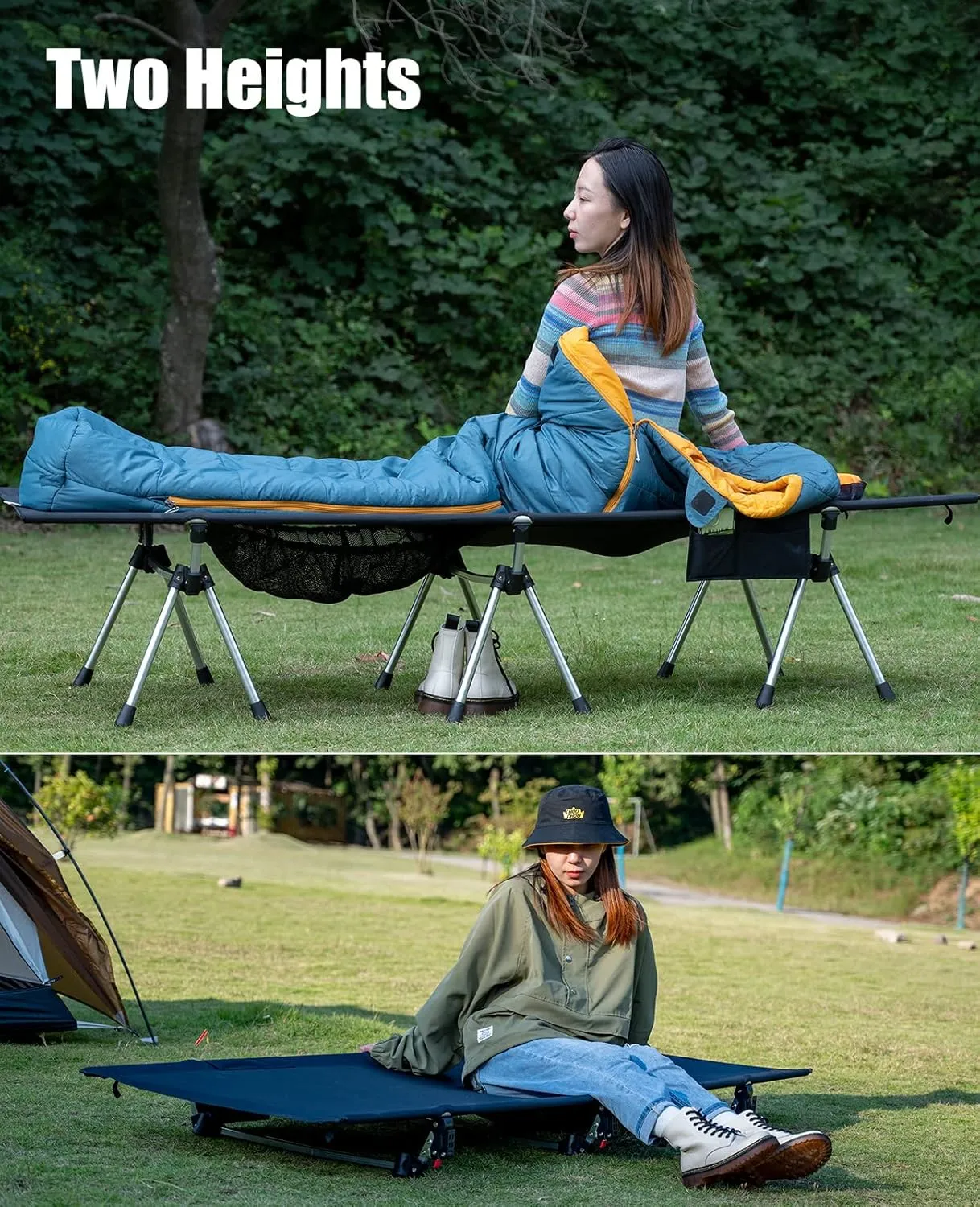 iClimb Super Easy Assemble Folding Cot Ultralight Compact Heavy Duty with Carry Bag for Adults Camping Backpacking (Black, Two Heights)