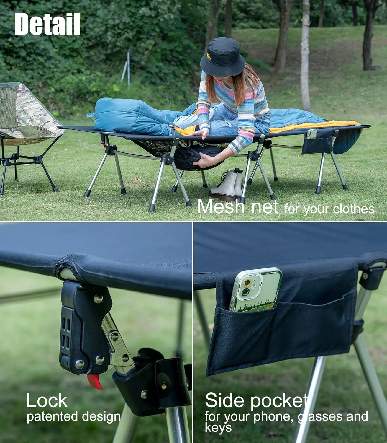 iClimb Super Easy Assemble Folding Cot Ultralight Compact Heavy Duty with Carry Bag for Adults Camping Backpacking (Black, Two Heights)