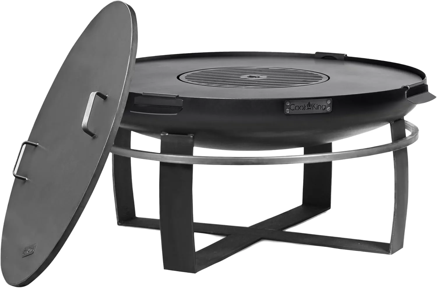 Ignition 24" Handcrafted Cooking Fire Pit with Cooking Grill Plate, Cover Lid and Wood Burning for Backyard Bonfire Campfire for Outside, Medium Outdoor Raw Steel Firepit, by Good Directions