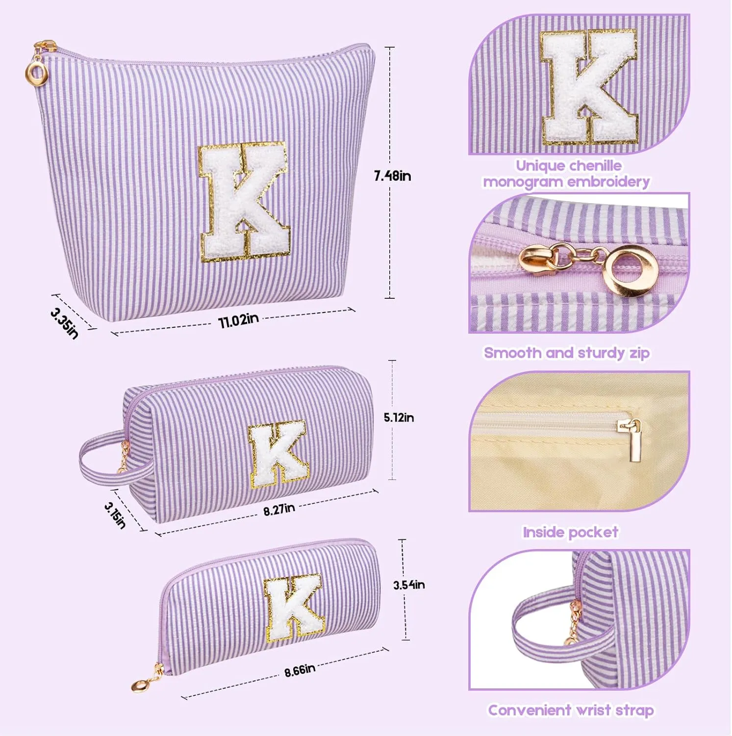 Initials Makeup Bag Set, Personalized Purple Cosmetic Bag, Cute Large Make up Bags, Travel Toiletry Bag for Women Girl Gifts E (Purple)
